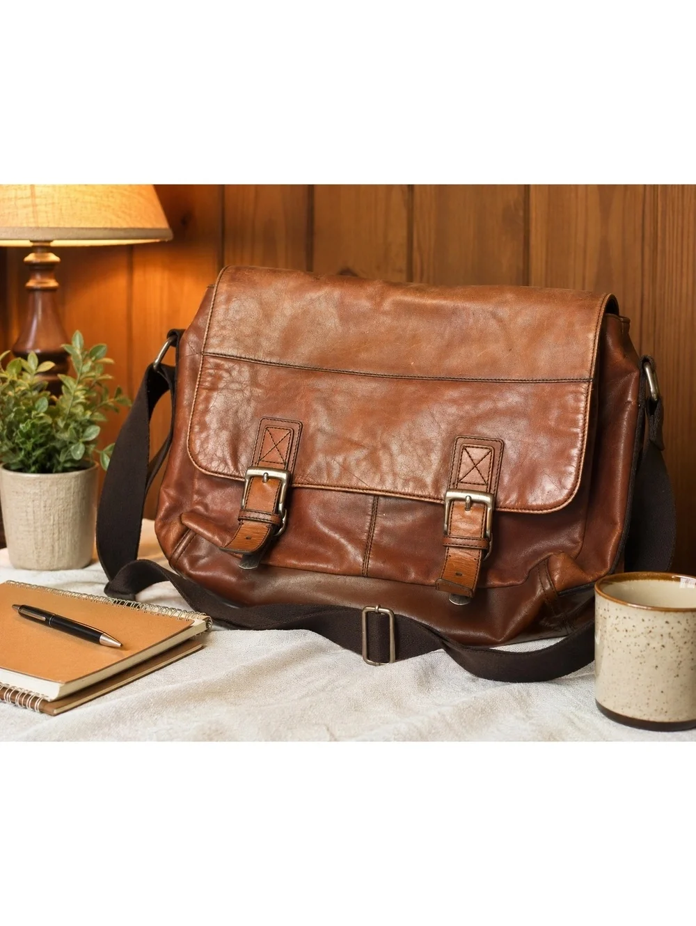 Fossil Genuine Leather Messenger Bag Brown Work Satchel Briefcase 16x12